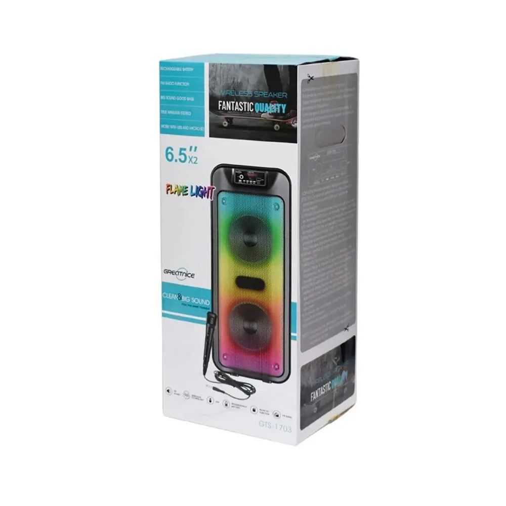 CAIXA DE SOM BLUETOOTH C/ MICROFONE 6,5"X2 LED RGB - GREATNICE - GTS-1703