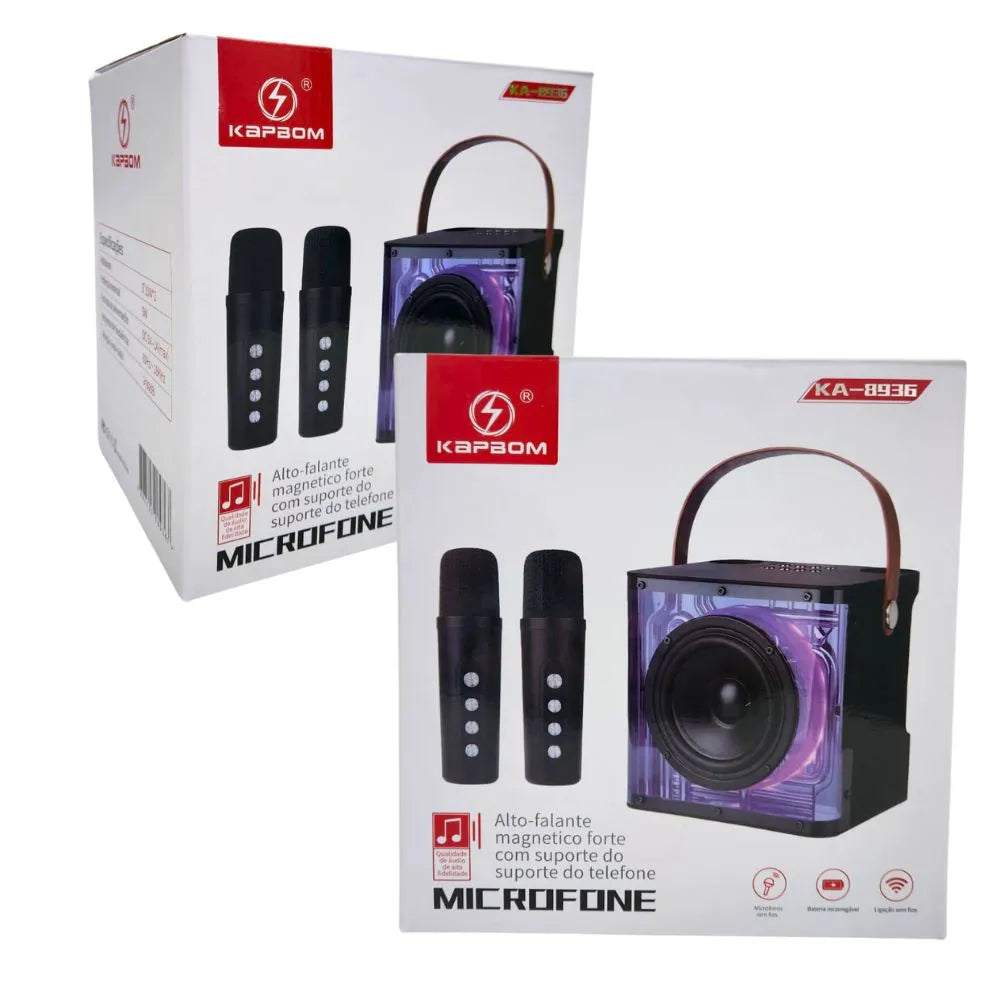 CAIXA DE SOM BLUETOOTH KARAOKÊ C/ 2 MICROFONE 20W LED RGB - KAPBOM - KA-8936
