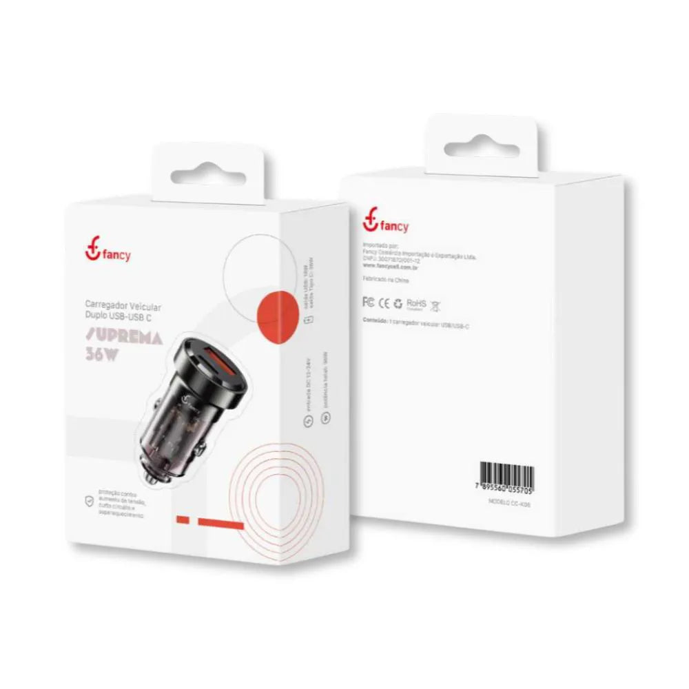 CARREGADOR VEICULAR TURBO 36W USB + USB-C SUPREMA - FANCY - CC-K06