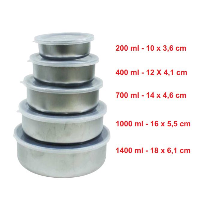 Conjunto de Tigelas Potes de Inox com Tampa – 5 peças
