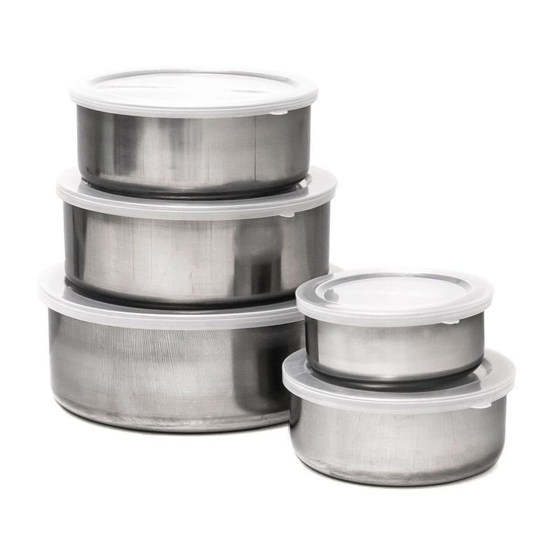 Conjunto de Tigelas Potes de Inox com Tampa – 5 peças