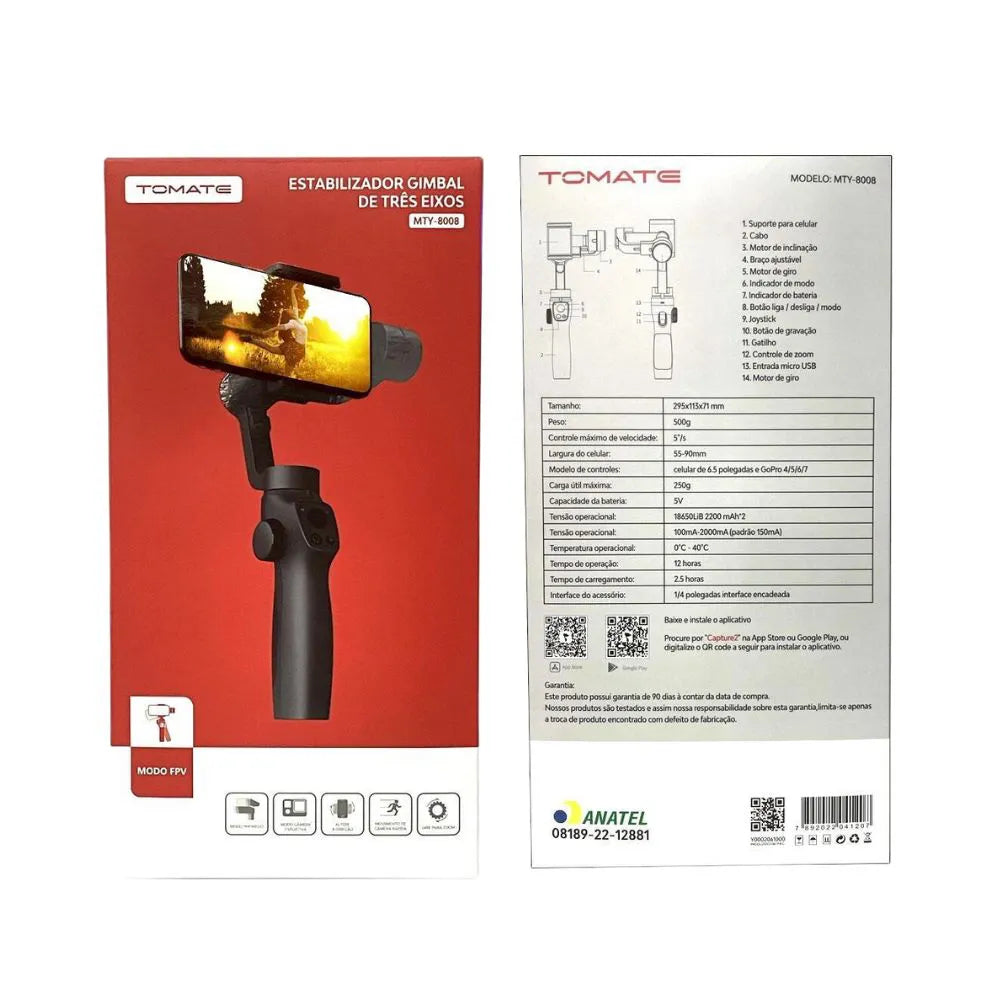 Estabilizador Gimbal 3 Eixos para Celular - Tomate - MTY-8008