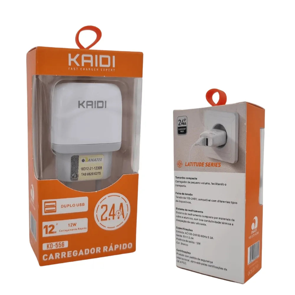 FONTE / CARREGADOR DUAL USB 2.4A / 12 W - KAIDI - KD-556