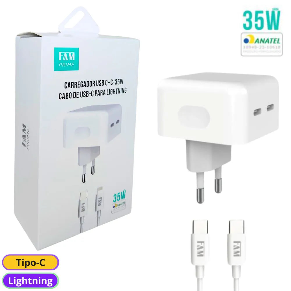 KIT CARREGADOR 2 USB-C 1.2M 35W - FAM