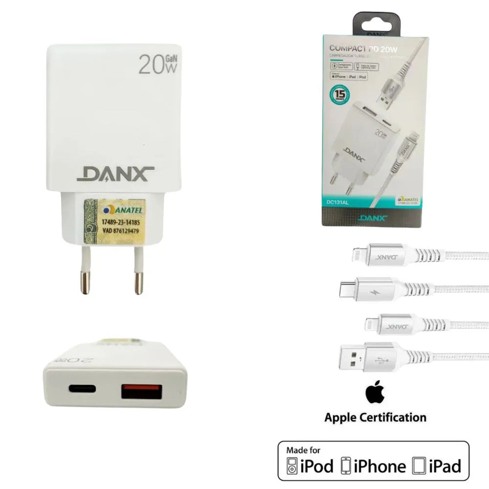 Kit Carregador Turbo PD 20W Homologado MFI USB-C / USB + Cabo 1.2m - Danx
