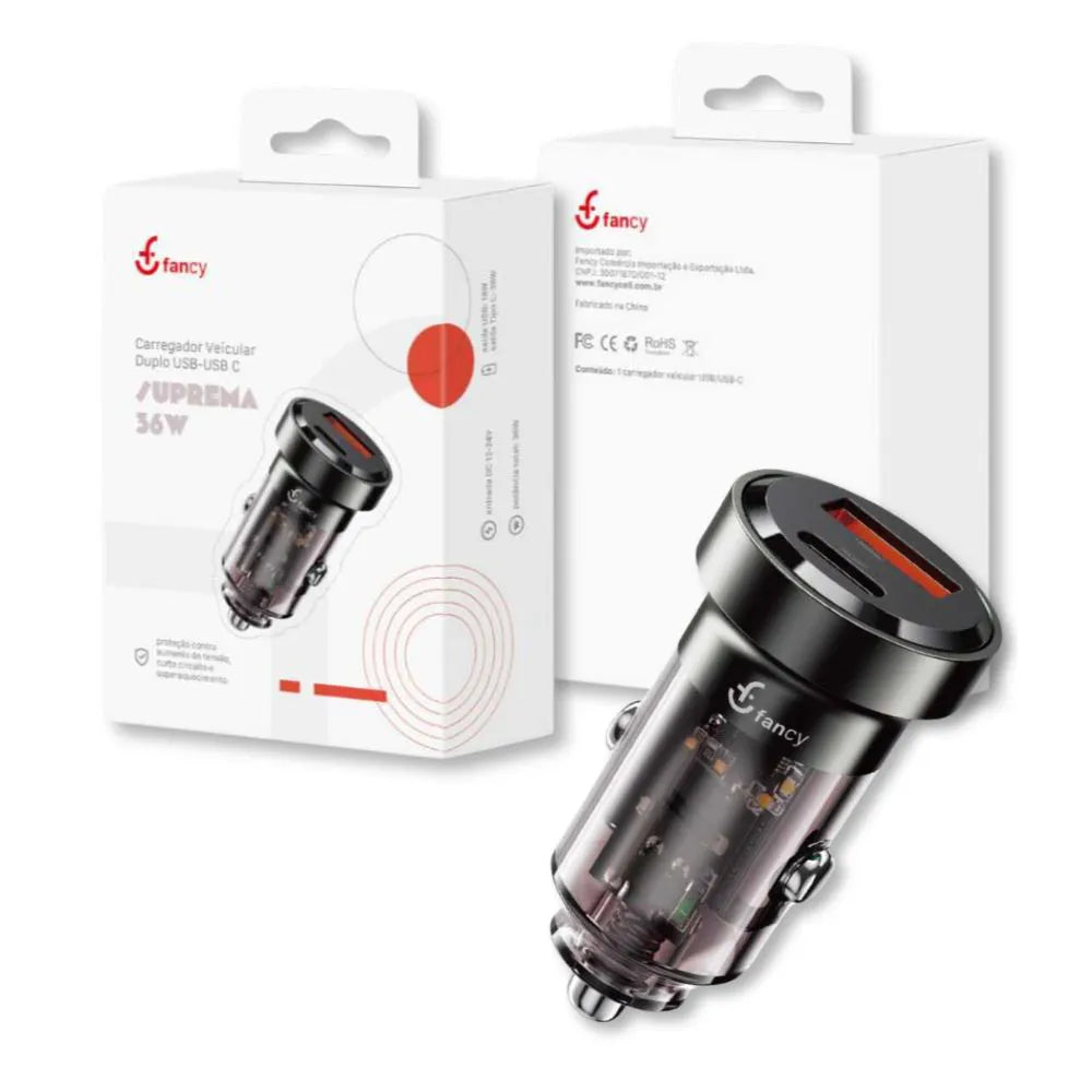 CARREGADOR VEICULAR TURBO 36W USB + USB-C SUPREMA - FANCY - CC-K06