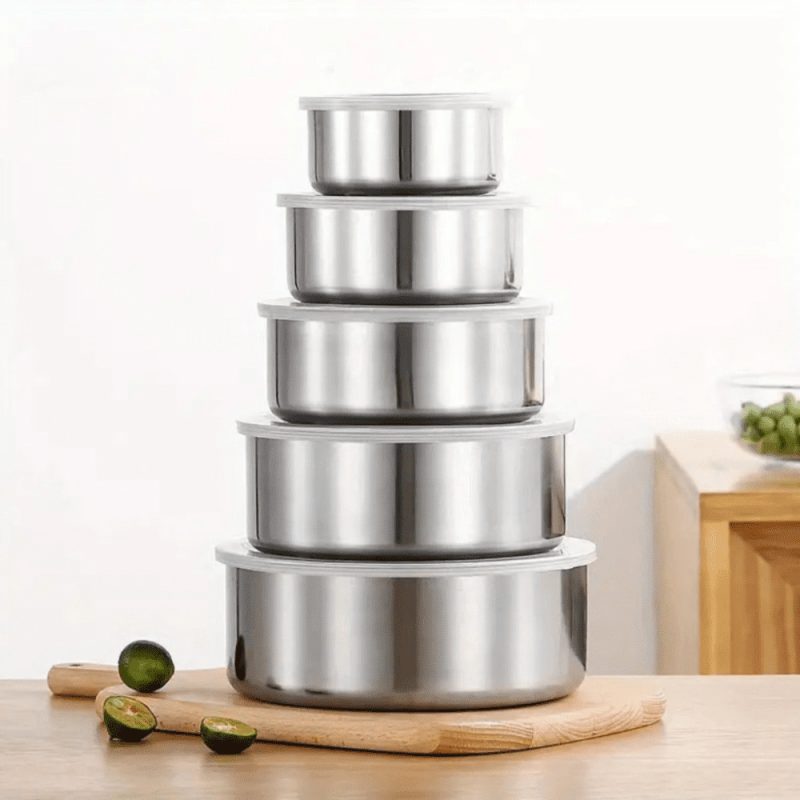 Conjunto de Tigelas Potes de Inox com Tampa – 5 peças