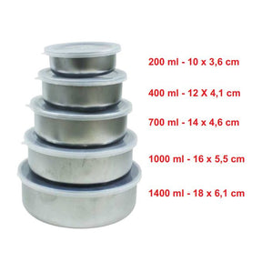 Conjunto de Tigelas Potes de Inox com Tampa – 5 peças