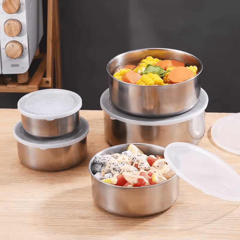 Conjunto de Tigelas Potes de Inox com Tampa – 5 peças