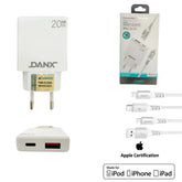 Kit Carregador Turbo PD 20W Homologado MFI USB-C / USB + Cabo 1.2m - Danx