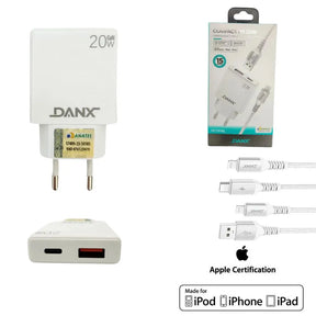 Kit Carregador Turbo PD 20W Homologado MFI USB-C / USB + Cabo 1.2m - Danx