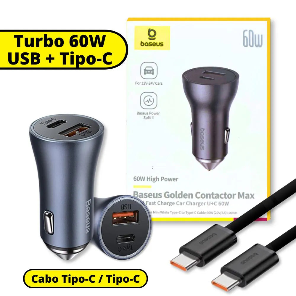 Kit Carregador Veicular Turbo 60W USB + USB-C com Cabo Tipo-C - Baseus