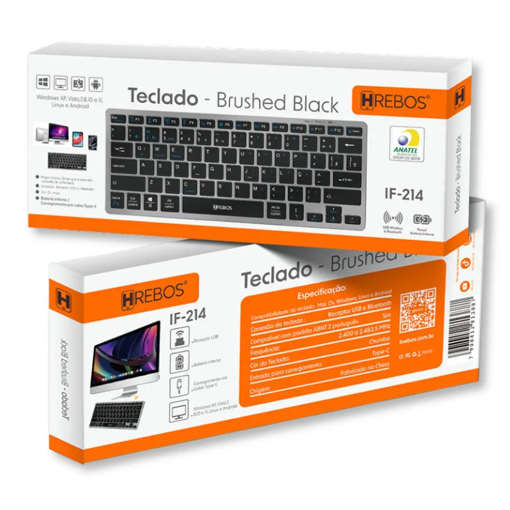 KIT TECLADO E MOUSE SEM FIO BRUSHED BLACK - HREBOS - HS-525K