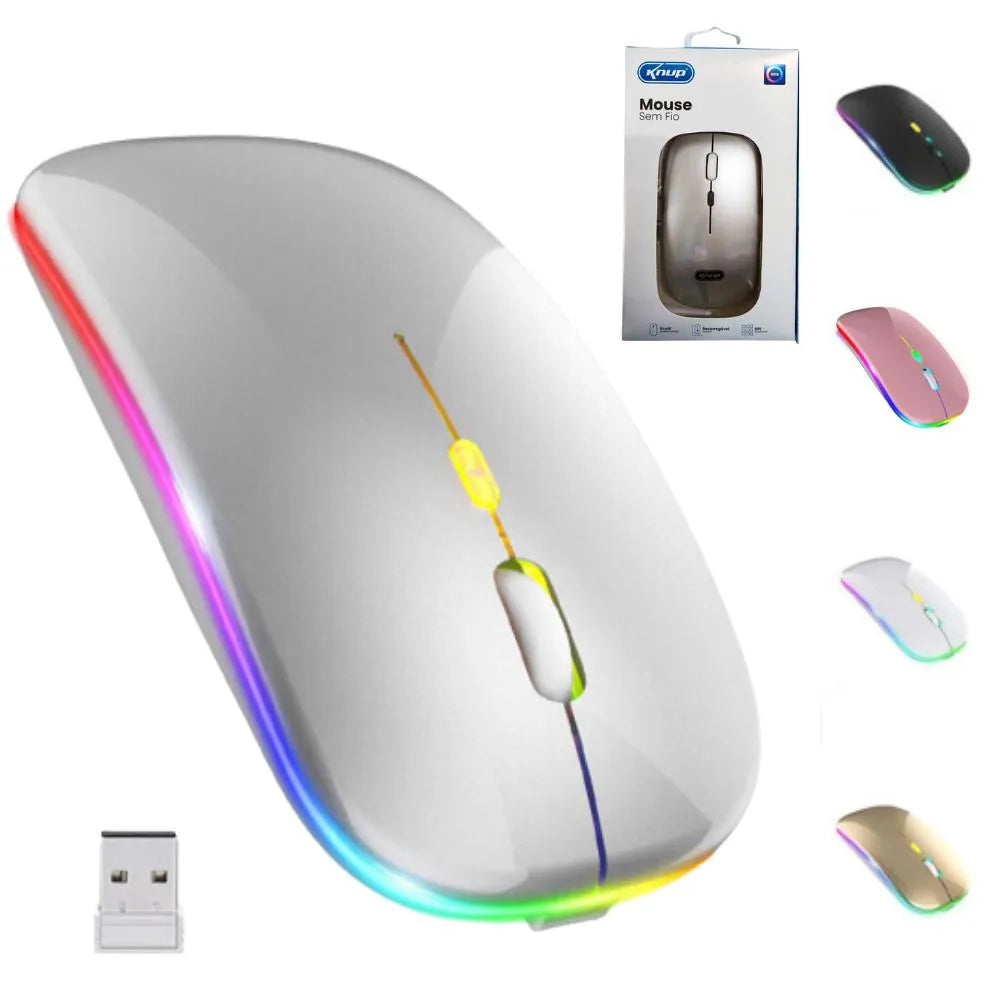MOUSE SEM FIO RECARREGÁVEL COM LED RGB - KNUP - KP-MU013