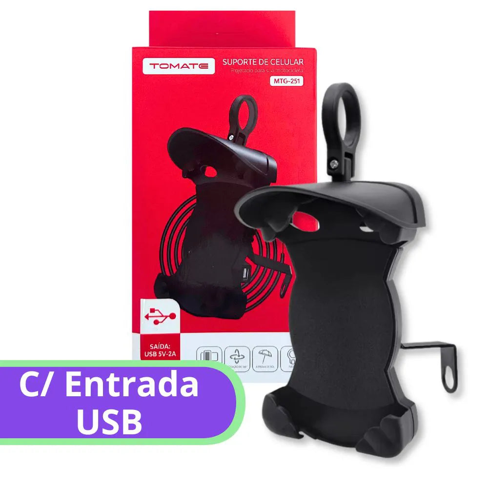 Suporte de Celular p/ Moto c/ Carregador e Proteção Solar - Tomate - MT-251