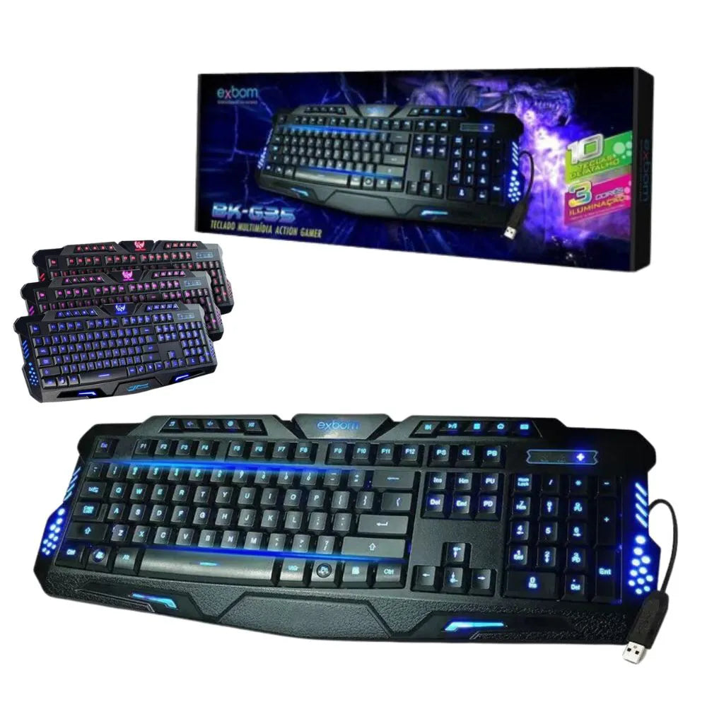 TECLADO GAMER USB MULTIMÍDIA LED 3 CORES C/ FIO - EXBOM - BK-G35
