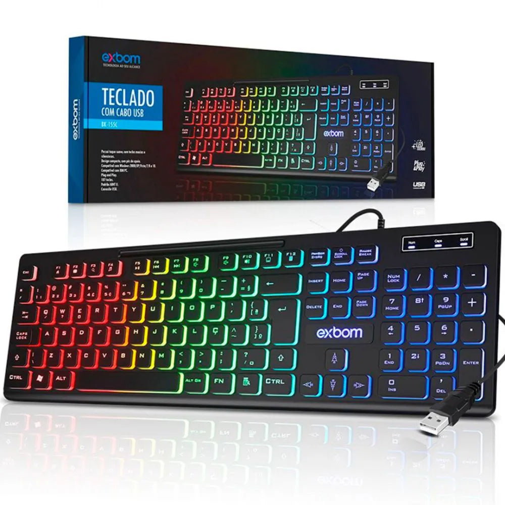 TECLADO MULTIMÍDIA USB GAMER C/ FIO LED RGB - EXBOM - BK-155C