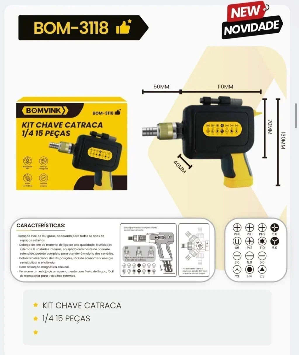 KIT CHAVE CATRACA 1/4 15 PÇS BOM-3118 BOMVINK